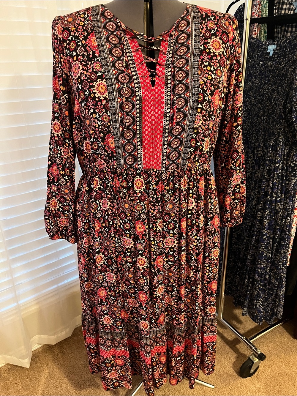 Lane Bryant Bohemian Floral Lace-Up Midi Dress in Black and Pink 22 24